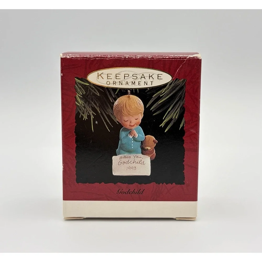 1993 Hallmark Keepsake Ornament Bless You Godchild Praying Boy Teddy Bear VTG